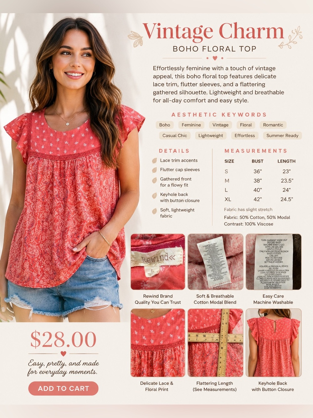 Rewind Coral Paisley Scoop Neck Cap-Sleeve Blouse